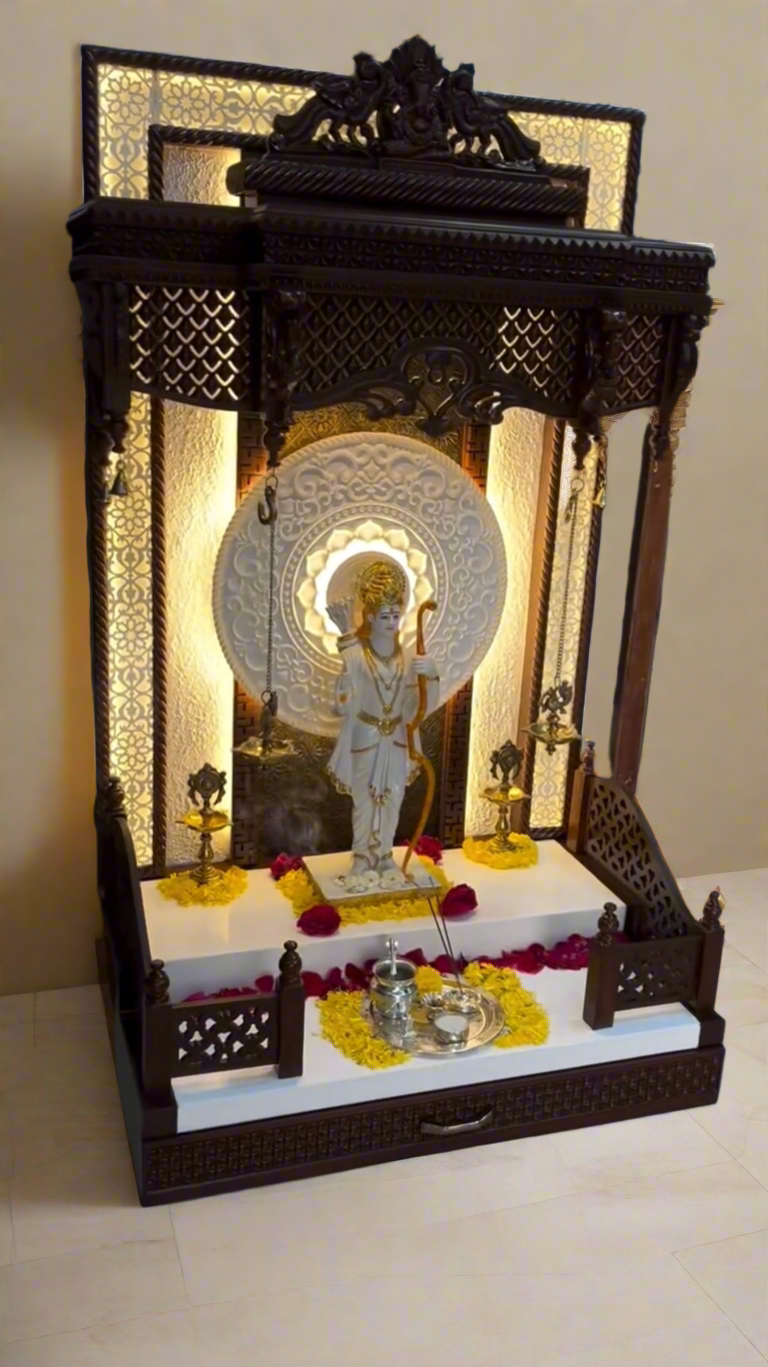 Premium wooden pooja mandir with intricate hand-carved design, backlit Corian marble panel, and Lord Ram idol for home temple decor.