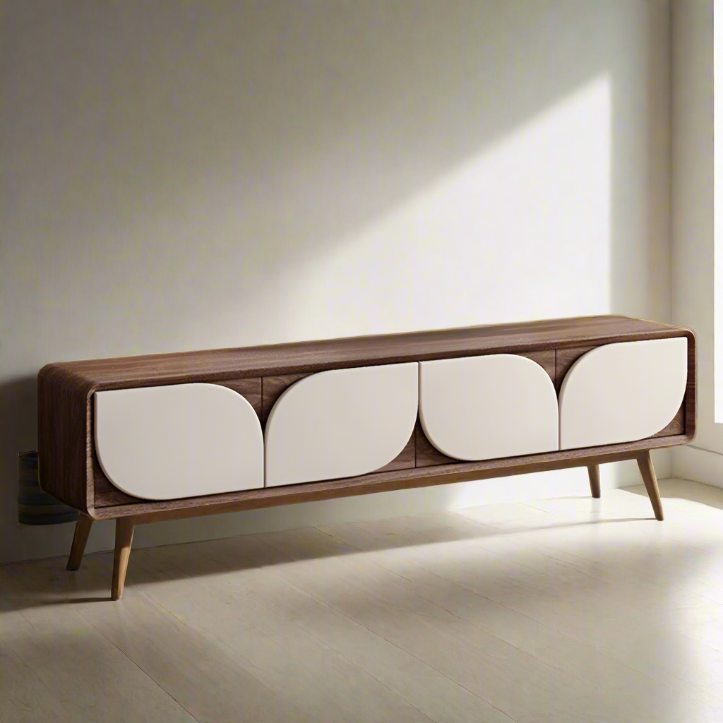 Luxury American Walnut Wood TV Cabinet with Modern Minimalist Design – Imported Media Console Unit with Legs | Contemporary TV Cabinet with White Curved Doors | Media Console for Elegant Living Rooms
