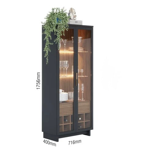 Elegant Black Glass Cabinet with LED Lights – Contemporary Display and Modern Design Storage Unit with Wine Rack and Wooden Accents