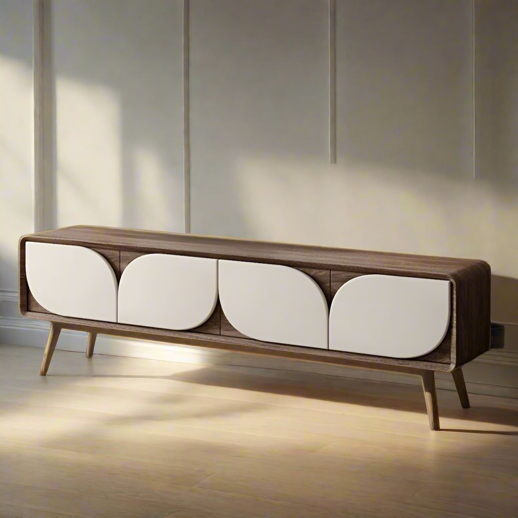 Luxury American Walnut Wood TV Cabinet with Modern Minimalist Design – Imported Media Console Unit with Legs | Contemporary TV Cabinet with White Curved Doors | Media Console for Elegant Living Rooms