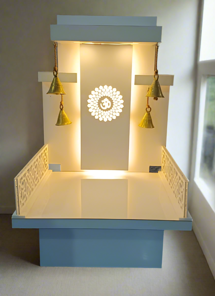 Modern Design Pooja Mandir with LED Lighting and Brass Bells - Elegant Home Temple Design - Pooja Mandir Wooden Temple White LED Light for Home and Office (48 Inches)