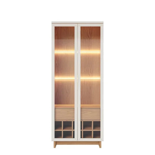 Elegant Glass Display Cabinet with LED Lights – Perfect for Dining Room or Kitchen Storage | Modern Glass Display Cabinet with LED Lighting and Wine Storage