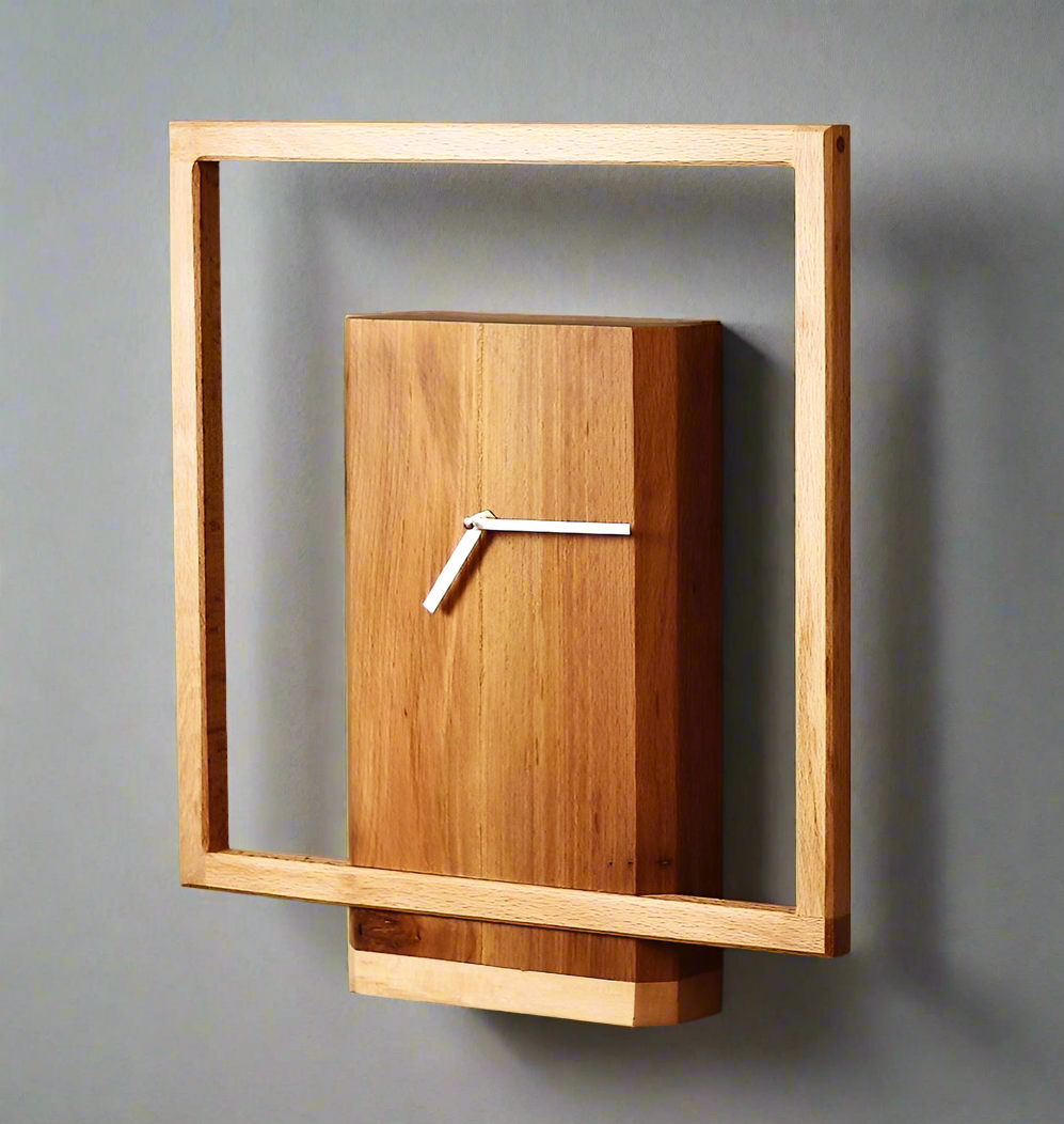 Modern Wooden Wall Clock Features A Unique design with A Natural oak Finish and a Minimalist Square Frame Surrounding a Rectangular Block
