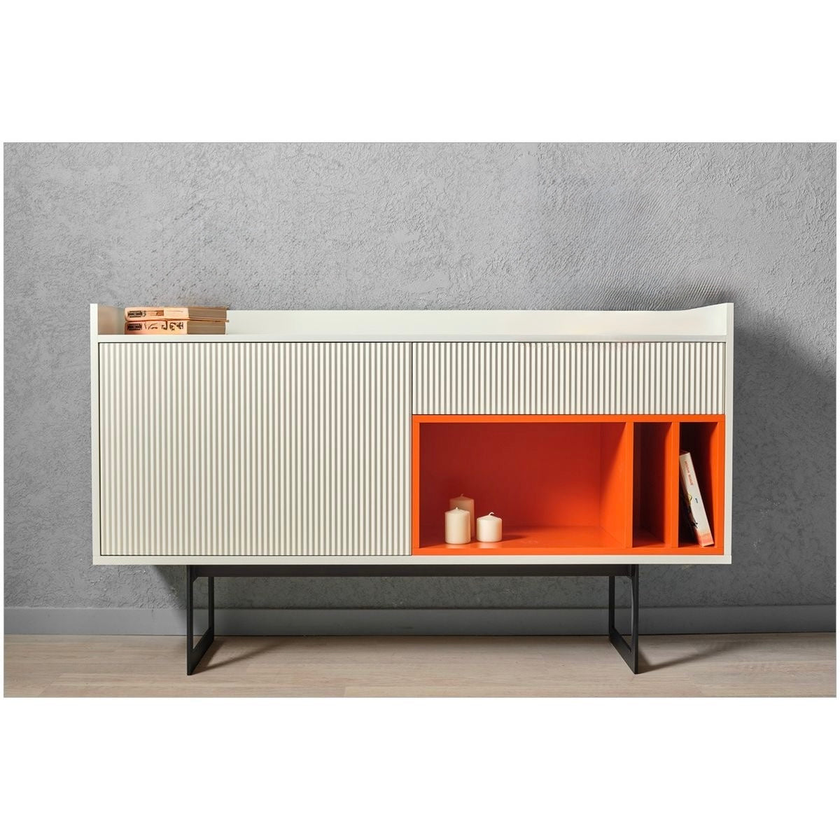 Modern Sideboard Cabinet with Ribbed Doors and Orange Accent Shelves - Contemporary Storage Unit