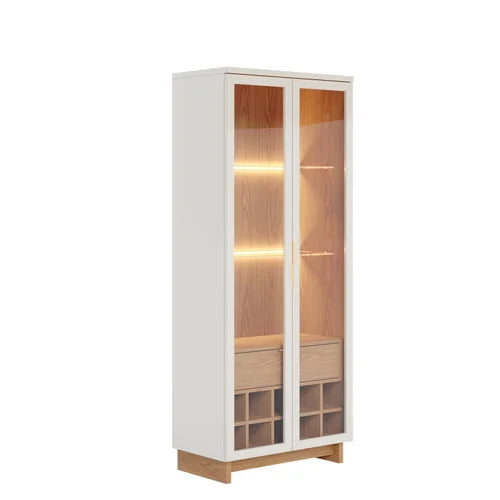 Elegant Glass Display Cabinet with LED Lights – Perfect for Dining Room or Kitchen Storage | Modern Glass Display Cabinet with LED Lighting and Wine Storage