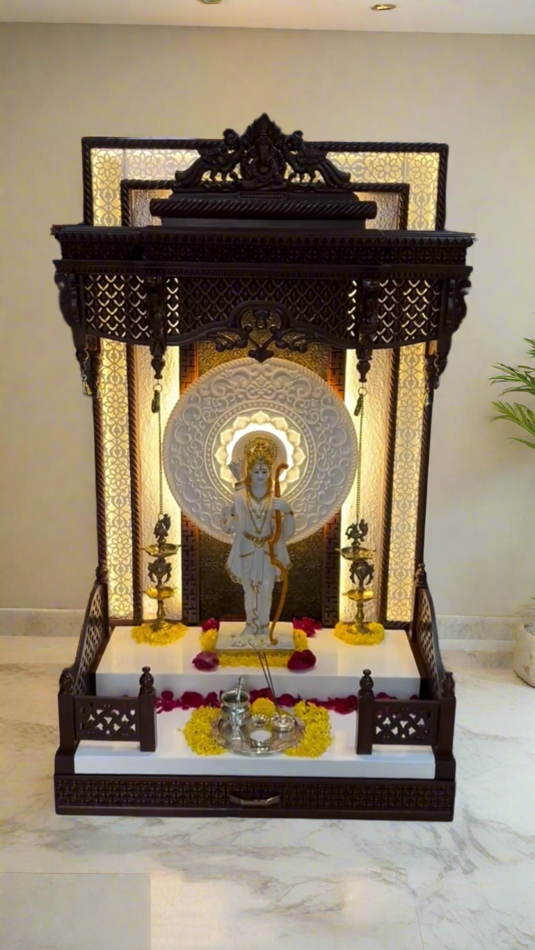 Handcrafted traditional wooden pooja mandir with intricate carving, LED backlit floral panel, and storage drawer – elegant temple for home decor.