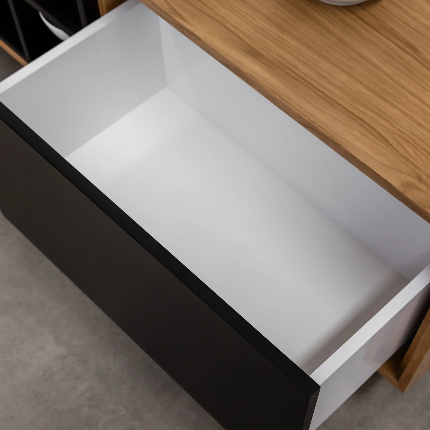 Modern TV Cabinet with Black and Wooden Finish - Stylish Media Console with Storage Shelves and Drawers
