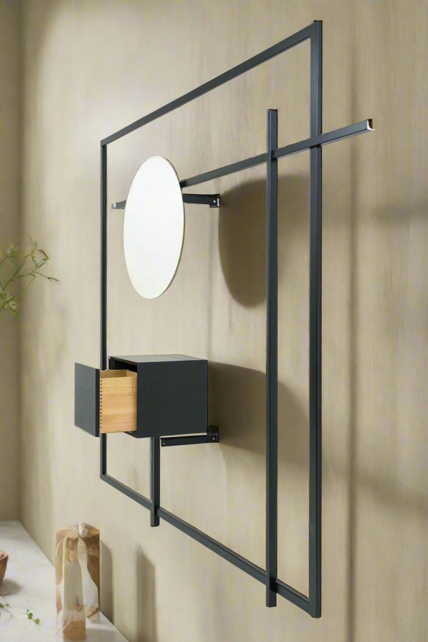 Modern Minimalist Wall Art Shelf with Mirror and Wooden Drawer – Sleek Home Décor Solution