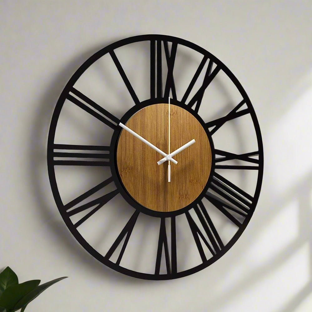 Modern Rustic Wall Clock with Roman Numerals and Wooden Center – Stylish Home Décor
