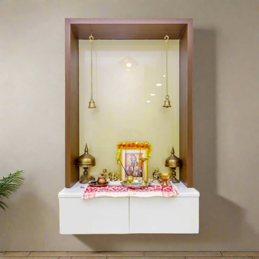 Pooja Mandir Wooden Temple White Brown Wood Modern Design - Modern Wall-Mounted Pooja Mandir with Minimalist Design and Ample Storage (36 Inches)