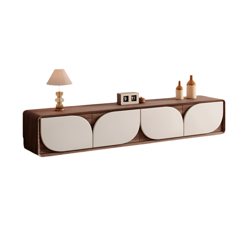 Luxury American Walnut Wood TV Cabinet with Modern Minimalist Design – Imported Media Console Unit | Contemporary TV Cabinet with White Curved Doors | Media Console for Elegant Living Rooms