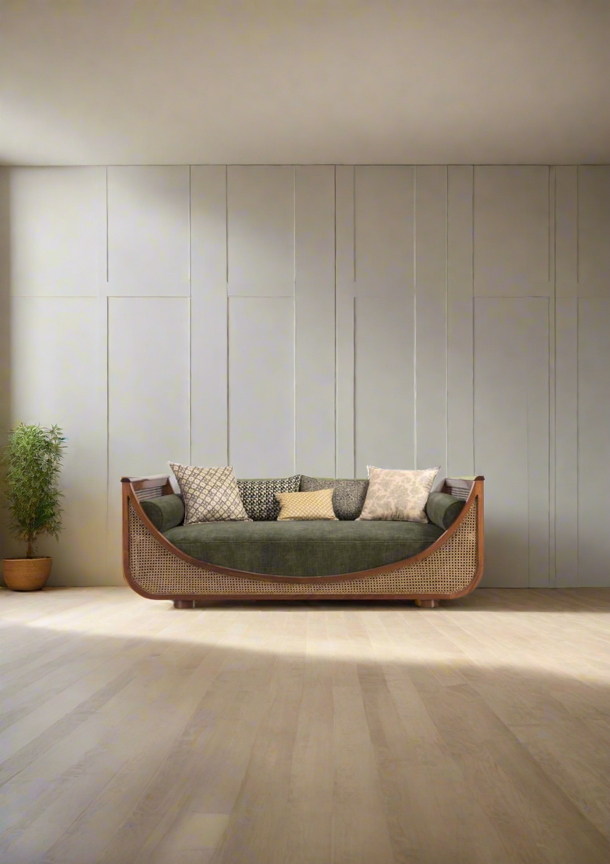 Handcrafted teak wood cane sofa with olive green upholstery and rattan backrest, styled with designer cushions in a modern living room setting.