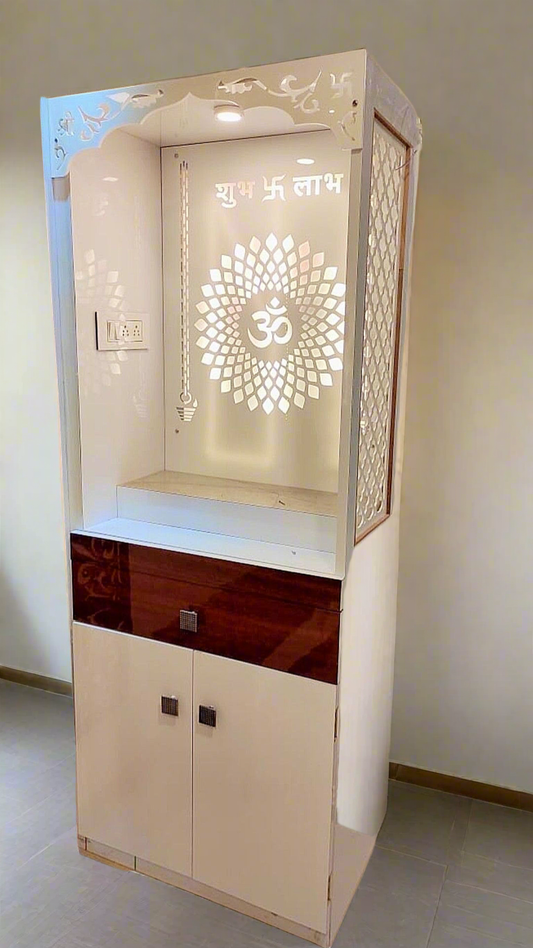 Tall Designer Modern Pooja Mandir (White & Brown) - Elegant Wall-Mounted Pooja Mandir with Backlit Om Design and Storage