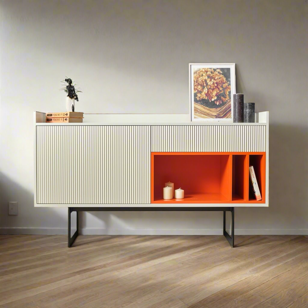 Modern Sideboard Cabinet with Ribbed Doors and Orange Accent Shelves - Contemporary Storage Unit