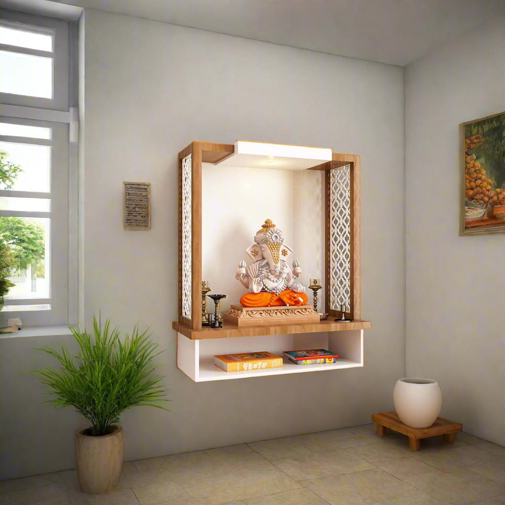 Wooden wall pooja mandir with Ganesha idol, traditional jali work, and shelf for books and décor – ideal for small prayer rooms