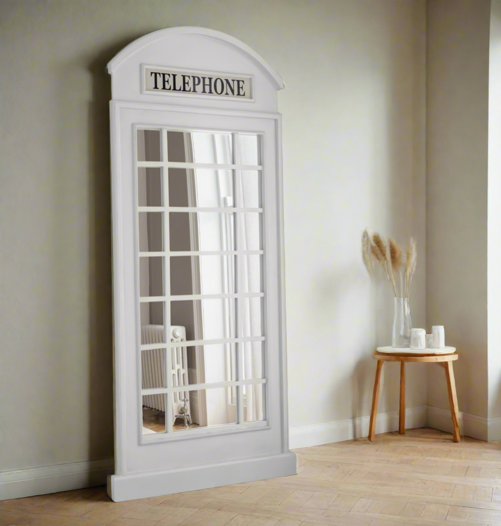 British Telephone Booth Mirror – Full-Length Vintage Wall Mirror in Red, Black, White & Grey | Iconic London-Inspired Home Decor