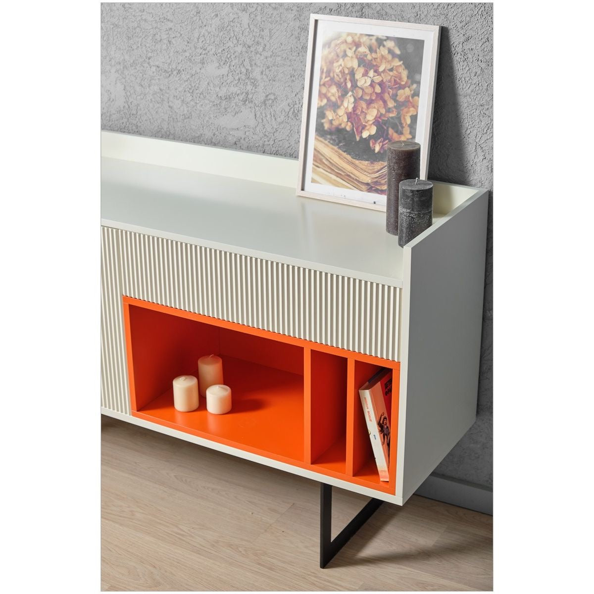 Modern Sideboard Cabinet with Ribbed Doors and Orange Accent Shelves - Contemporary Storage Unit