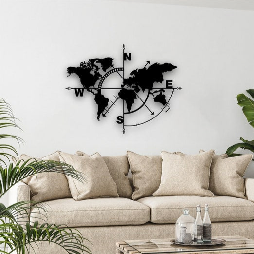 Adventure-Inspired Metal World Map Wall Art with Compass, Mountains, and Trees – Rustic Home Décor | Metal World Map Wall Art Decor, World Map Compass , Large Metal Wall Decor, Home Office Living Room Entryway Wall Hanging