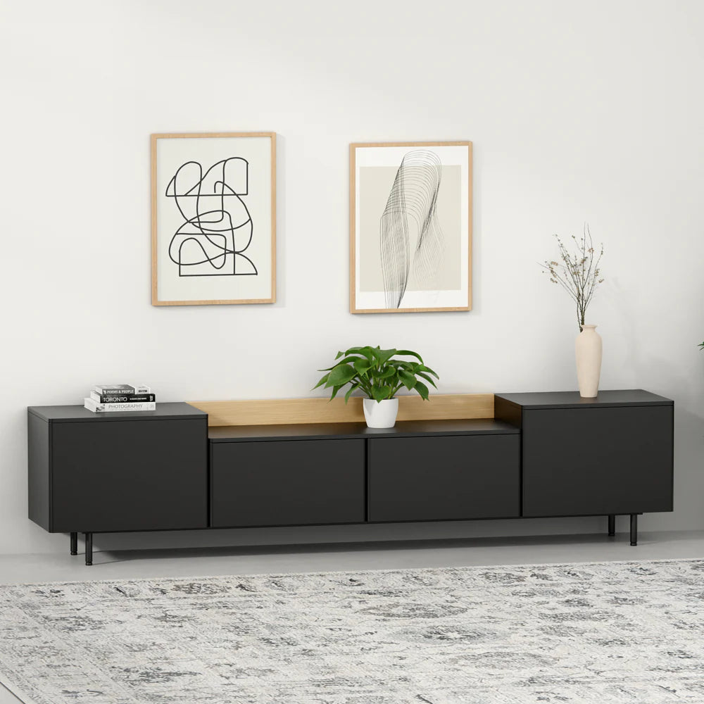 Sleek Black TV Cabinet with Wooden Accent and Modern Storage Design | Modern Black TV Cabinet with Wooden Top and Stylish Storage Solutions