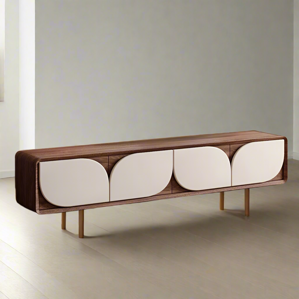 Luxury American Walnut Wood TV Cabinet with Modern Minimalist Design – Imported Media Console Unit with Legs | Contemporary TV Cabinet with White Curved Doors | Media Console for Elegant Living Rooms