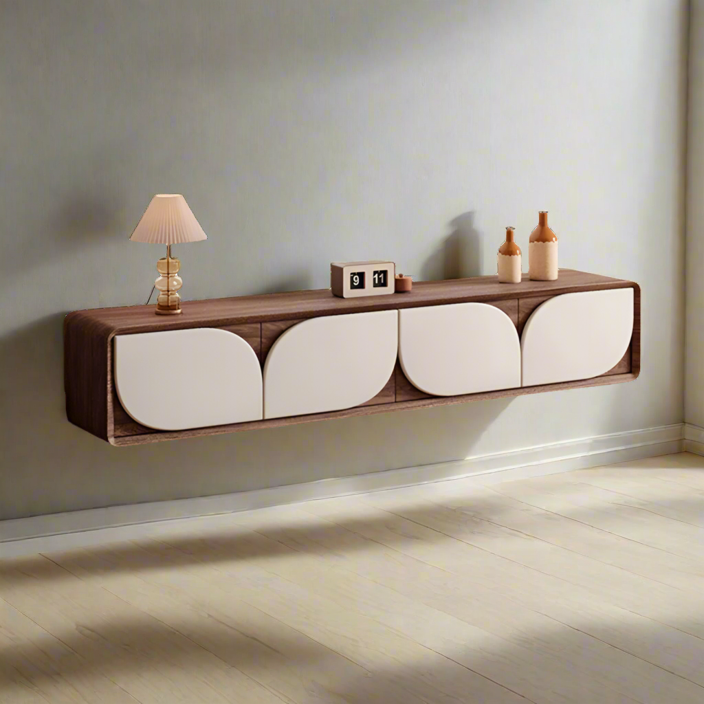 Luxury American Walnut Wood TV Cabinet with Modern Minimalist Design – Imported Media Console Unit | Contemporary TV Cabinet with White Curved Doors | Media Console for Elegant Living Rooms