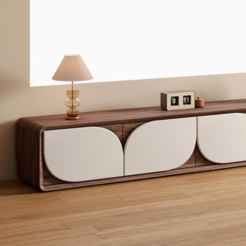 Luxury American Walnut Wood TV Cabinet with Modern Minimalist Design – Imported Media Console Unit | Contemporary TV Cabinet with White Curved Doors | Media Console for Elegant Living Rooms