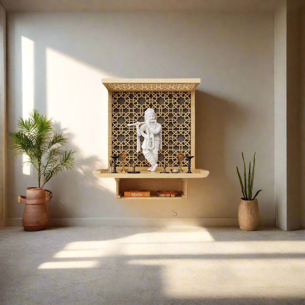 Stylish pooja mandir unit featuring white Krishna statue and detailed wood carving, placed in a sunlit minimalist room with indoor plants.