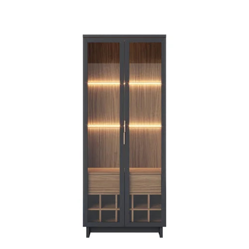 Elegant Black Glass Cabinet with LED Lights – Contemporary Display and Modern Design Storage Unit with Wine Rack and Wooden Accents