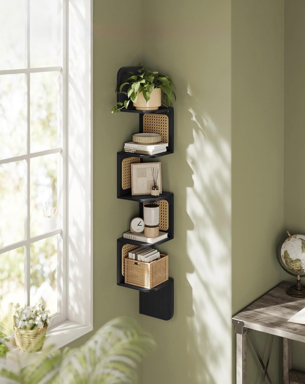 Black cane and wood floating corner shelf displayed in a modern bedroom with neutral decor.