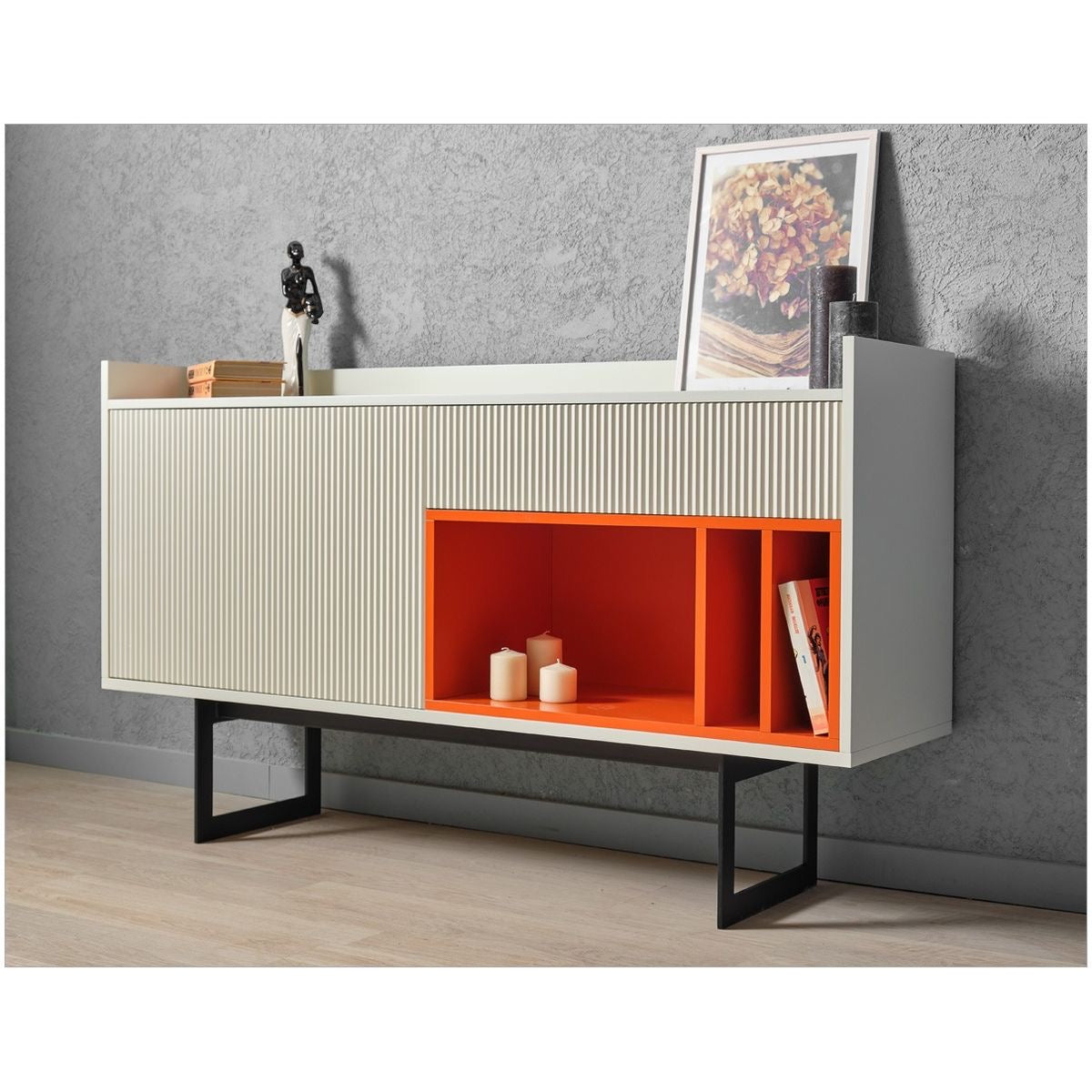 Modern Sideboard Cabinet with Ribbed Doors and Orange Accent Shelves - Contemporary Storage Unit