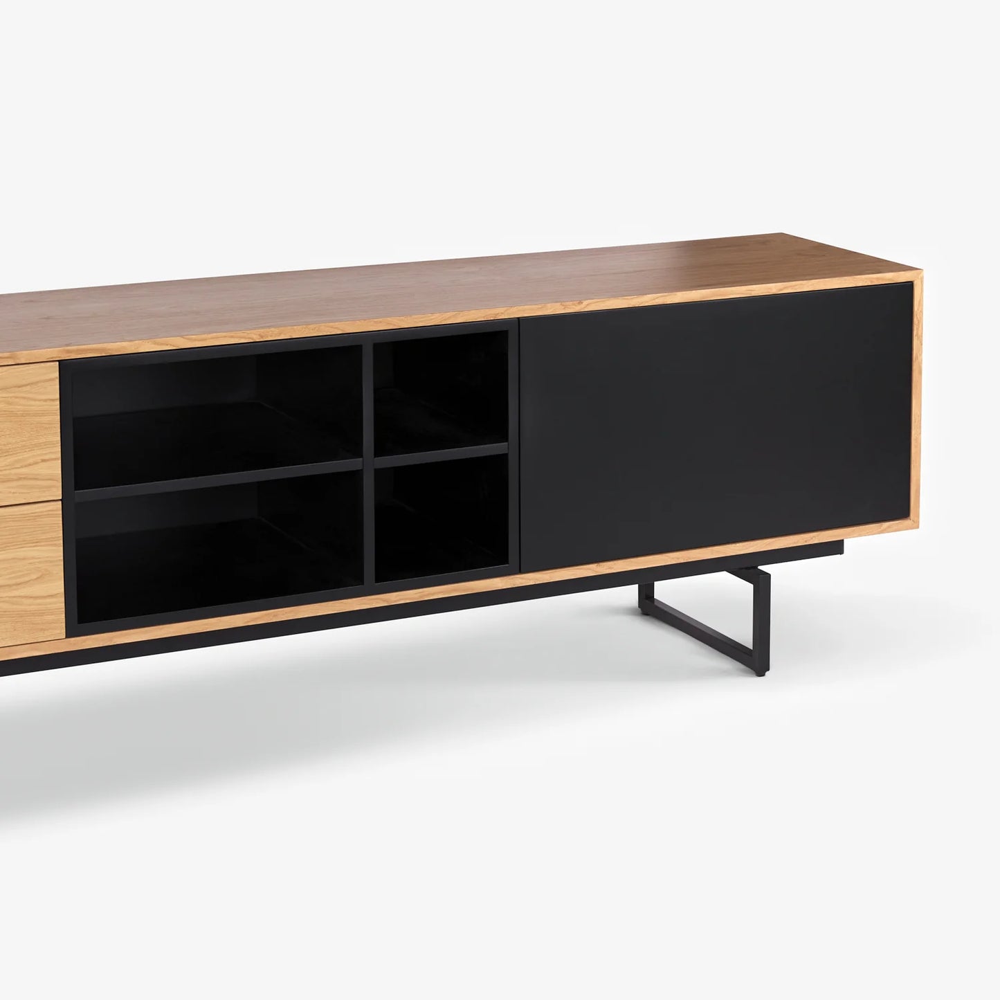 Modern TV Cabinet with Black and Wooden Finish - Stylish Media Console with Storage Shelves and Drawers