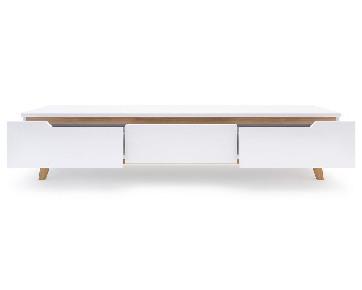 Modern Minimalist White TV Stand with Wooden Legs | Sleek Storage Cabinet for Living Room