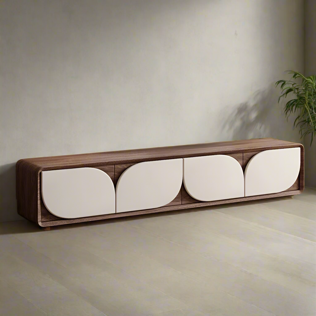 Luxury American Walnut Wood TV Cabinet with Modern Minimalist Design – Imported Media Console Unit | Contemporary TV Cabinet with White Curved Doors | Media Console for Elegant Living Rooms