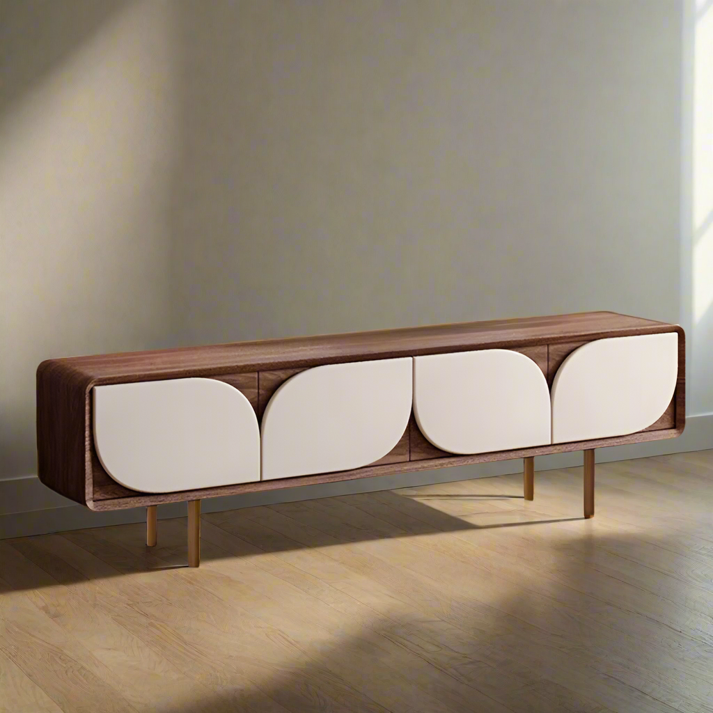 Luxury American Walnut Wood TV Cabinet with Modern Minimalist Design – Imported Media Console Unit with Legs | Contemporary TV Cabinet with White Curved Doors | Media Console for Elegant Living Rooms
