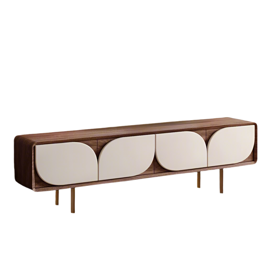 Luxury American Walnut Wood TV Cabinet with Modern Minimalist Design – Imported Media Console Unit with Legs | Contemporary TV Cabinet with White Curved Doors | Media Console for Elegant Living Rooms