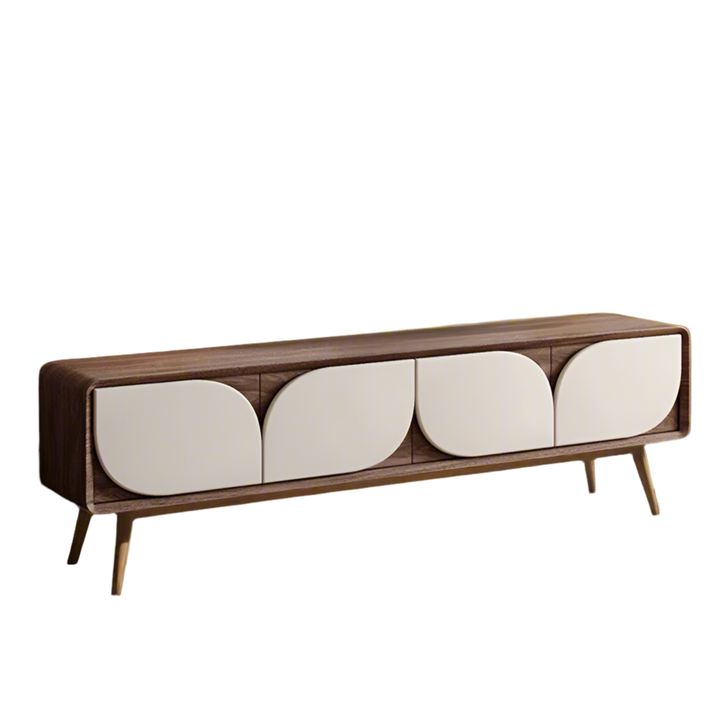 Luxury American Walnut Wood TV Cabinet with Modern Minimalist Design – Imported Media Console Unit with Legs | Contemporary TV Cabinet with White Curved Doors | Media Console for Elegant Living Rooms