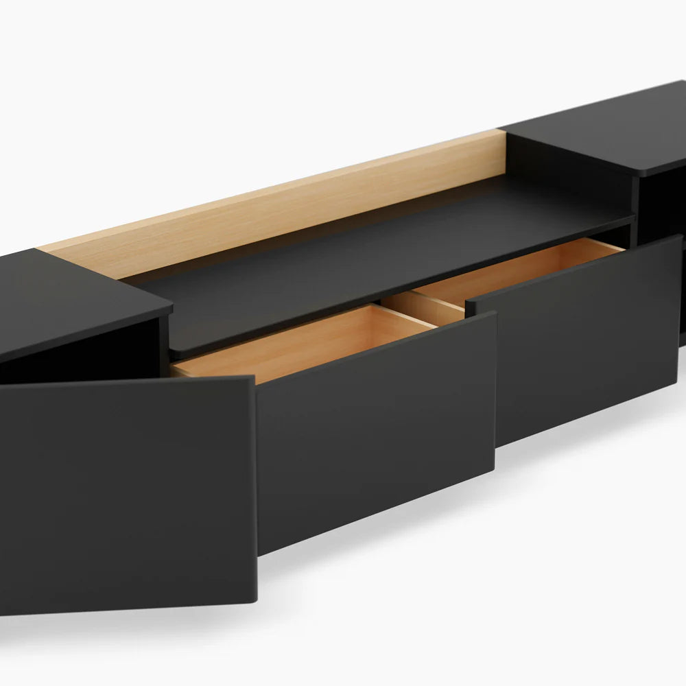Sleek Black TV Cabinet with Wooden Accent and Modern Storage Design | Modern Black TV Cabinet with Wooden Top and Stylish Storage Solutions