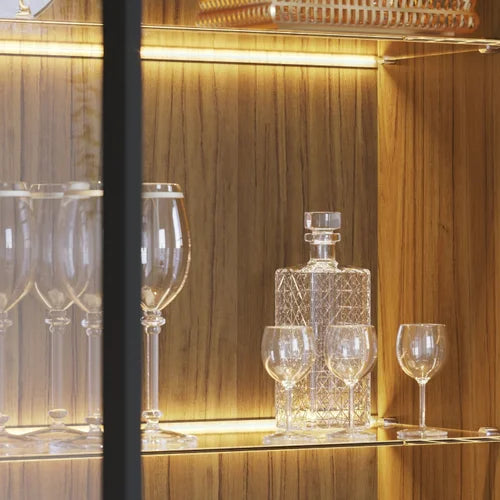 Elegant Black Glass Cabinet with LED Lights – Contemporary Display and Modern Design Storage Unit with Wine Rack and Wooden Accents