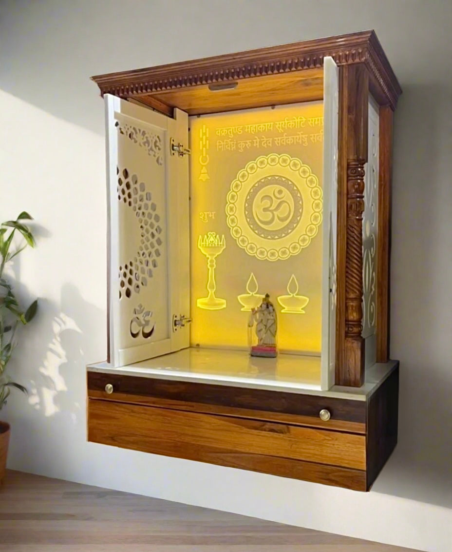 Compact luxury mandir unit with drawer storage and intricate detailing, designed for apartment or small-space temple setups.