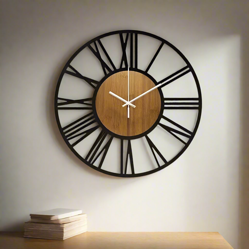Modern Rustic Wall Clock with Roman Numerals and Wooden Center – Stylish Home Décor