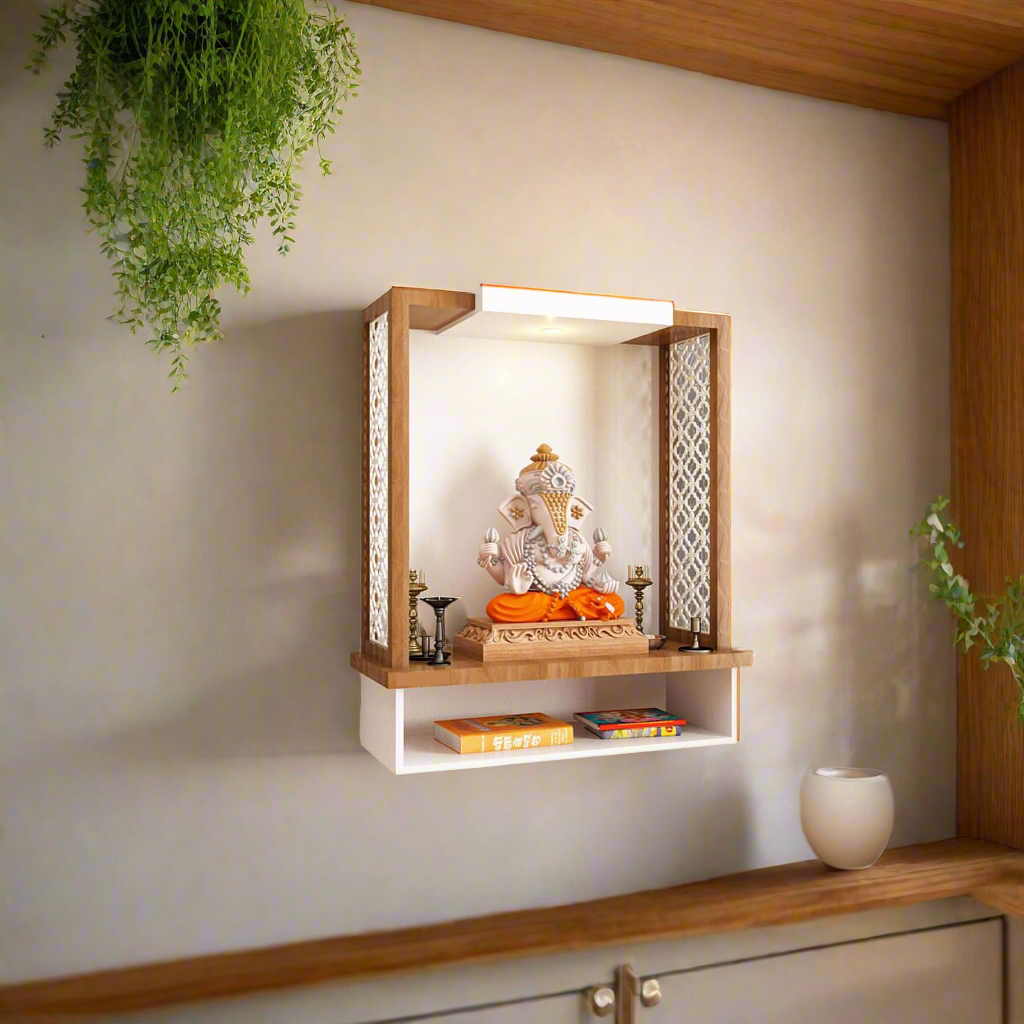 Compact Hanging Pooja Mandir with LED Lighting and Ganesha Idol – Minimalist Wooden Temple Design for Modern Homes