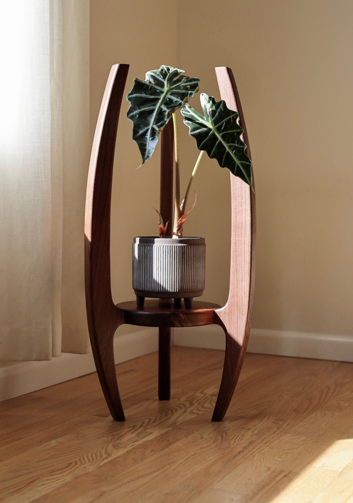 Elegant wooden plant pedestal showcasing potted foliage in sunlit corner of room.