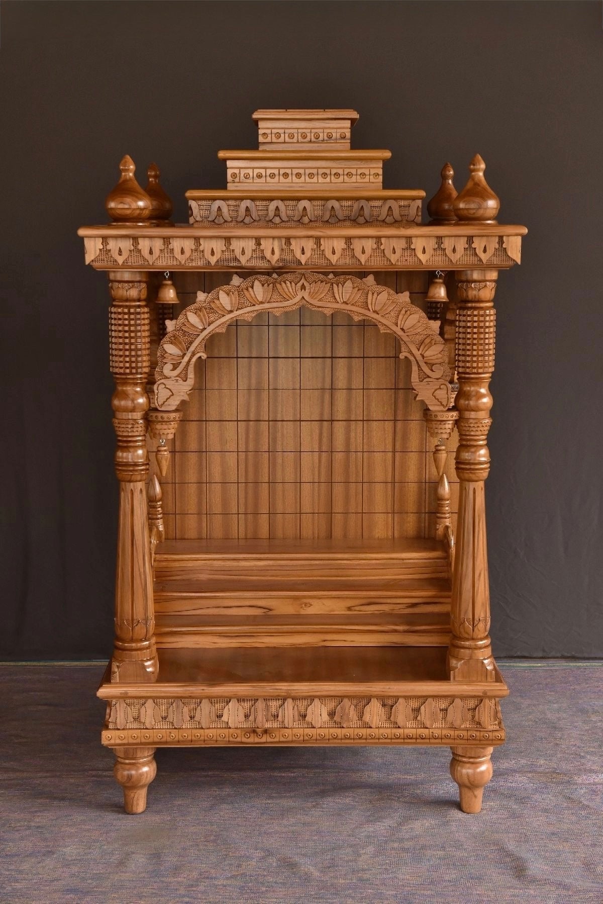 Handcrafted Solid Teakwood Pooja Mandir for Home | Traditional Indian Temple with Carved Pillars & Bells