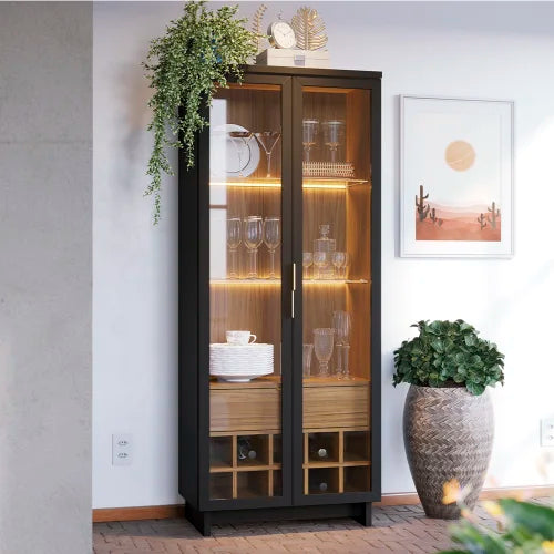 Elegant Black Glass Cabinet with LED Lights – Contemporary Display and Modern Design Storage Unit with Wine Rack and Wooden Accents