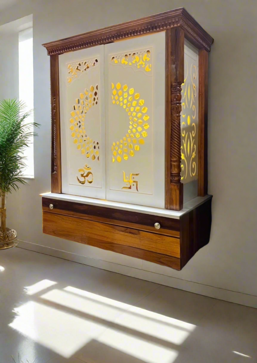 Designer wooden pooja mandir with closed Corian panel doors, intricate laser-cut patterns, and swastik-Om engravings for sacred home ambiance.