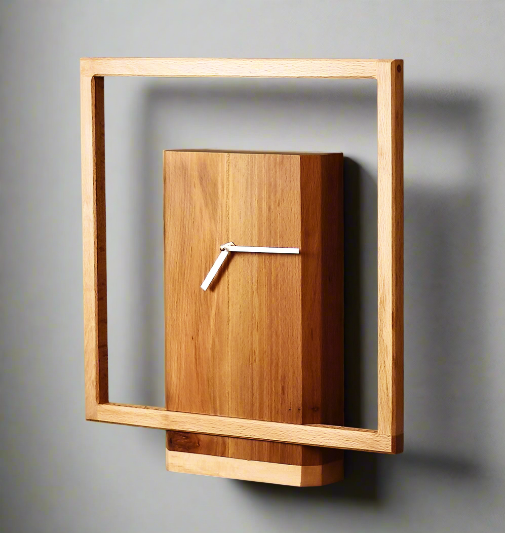 Modern Wooden Wall Clock Features A Unique design with A Natural oak Finish and a Minimalist Square Frame Surrounding a Rectangular Block