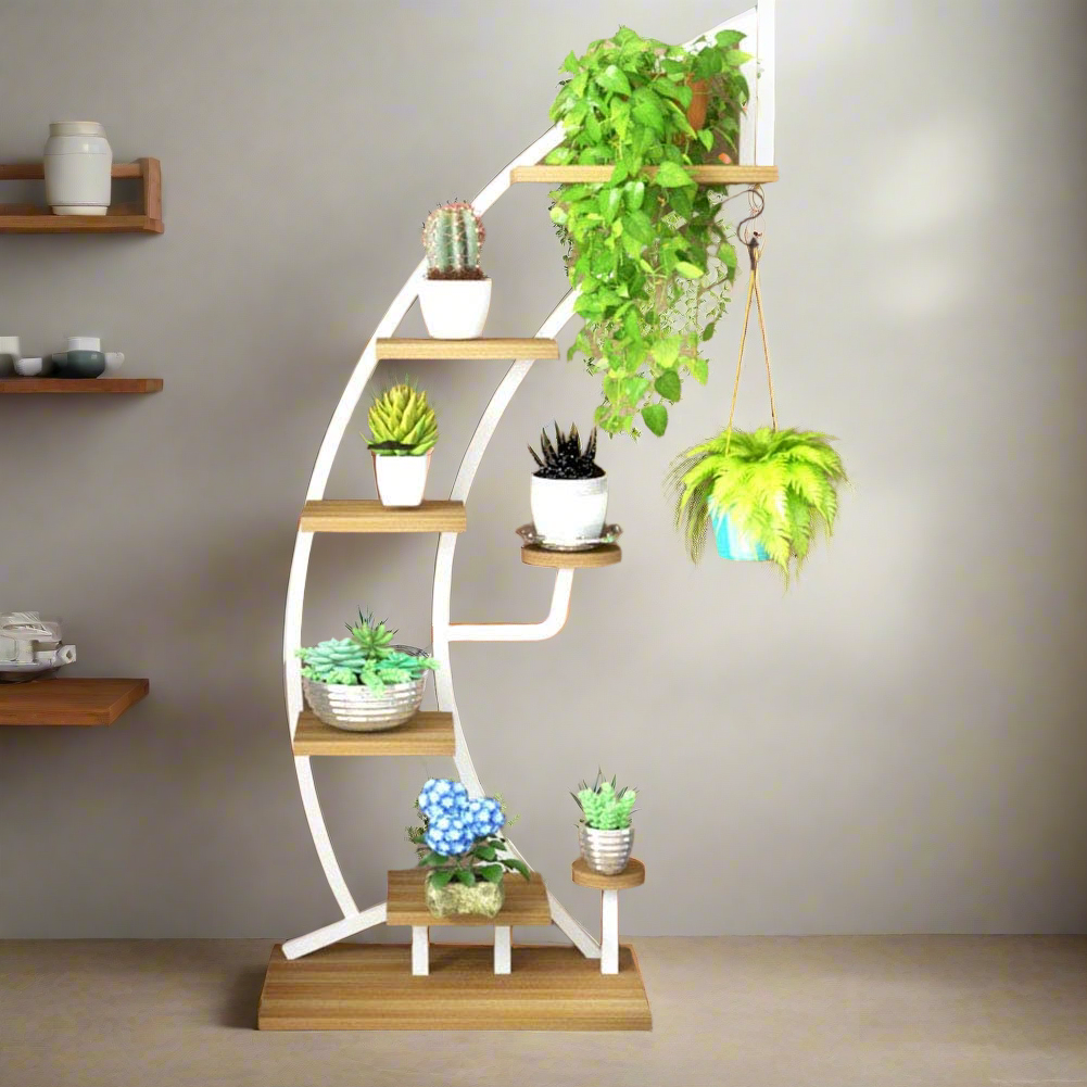 curved indoor plant stand Half Ample Plant Stand/Storage Shelves Wood & Metal