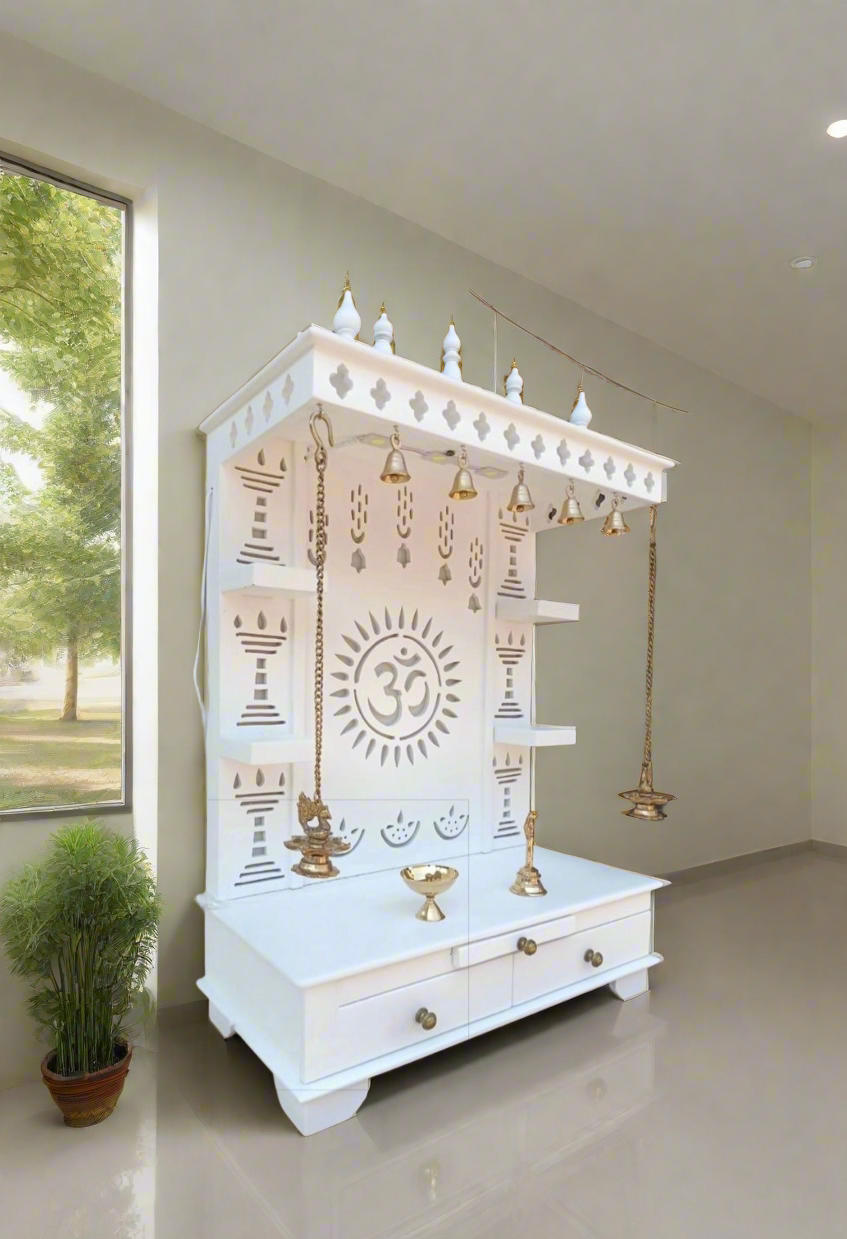 LED backlit white home temple with drawers and intricate cutwork design