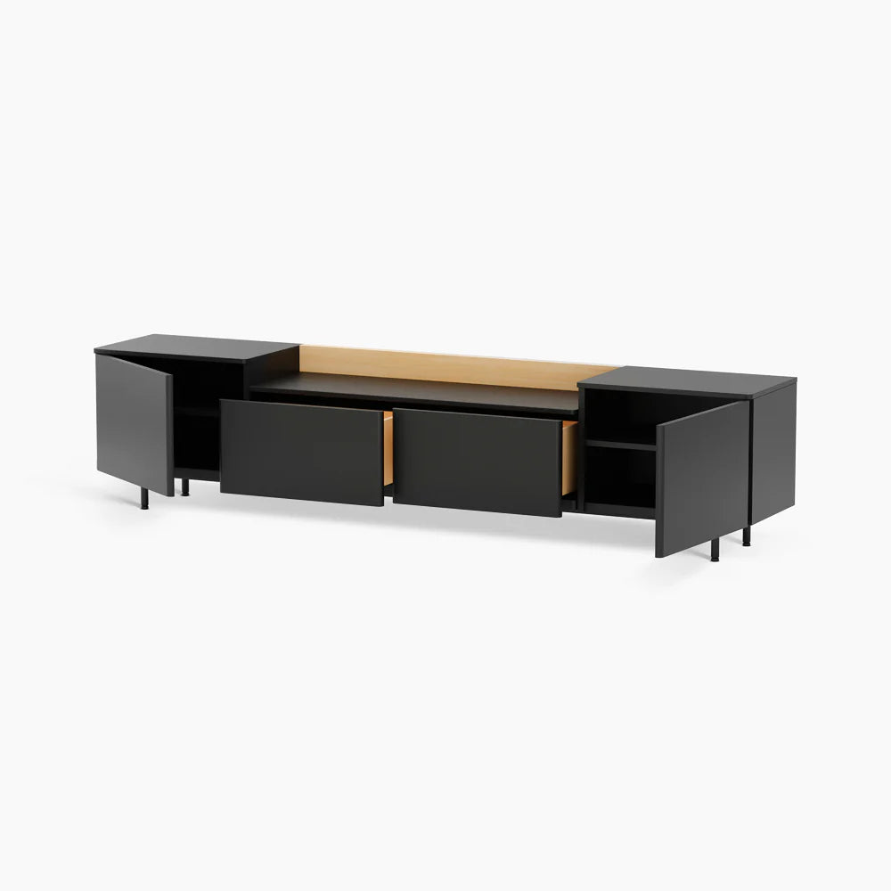 Sleek Black TV Cabinet with Wooden Accent and Modern Storage Design | Modern Black TV Cabinet with Wooden Top and Stylish Storage Solutions