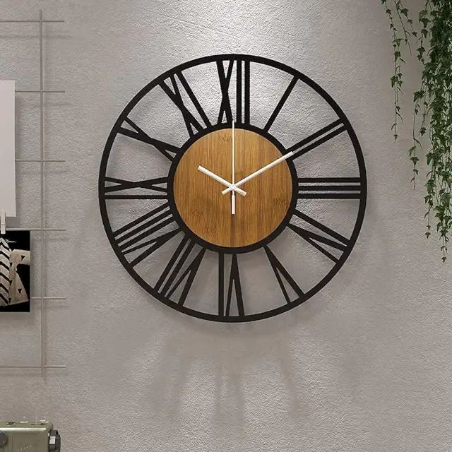 Modern Rustic Wall Clock with Roman Numerals and Wooden Center – Stylish Home Décor